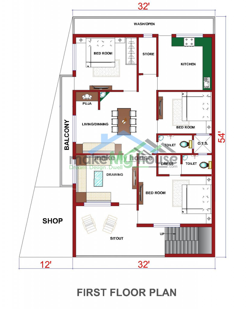 Buy 32x54 House Plan 32 By 54 Elevation Design Plot Area Naksha