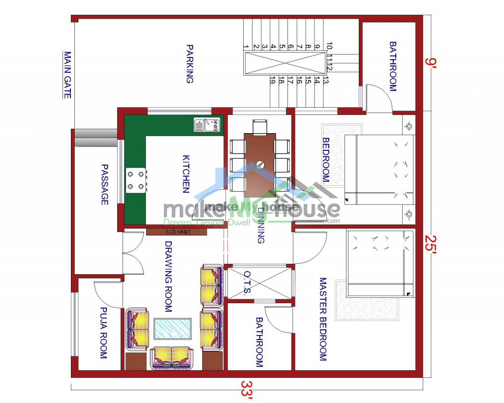 Buy 34x33 House Plan 34 By 33 Front Elevation Design 1122Sqrft Home Naksha