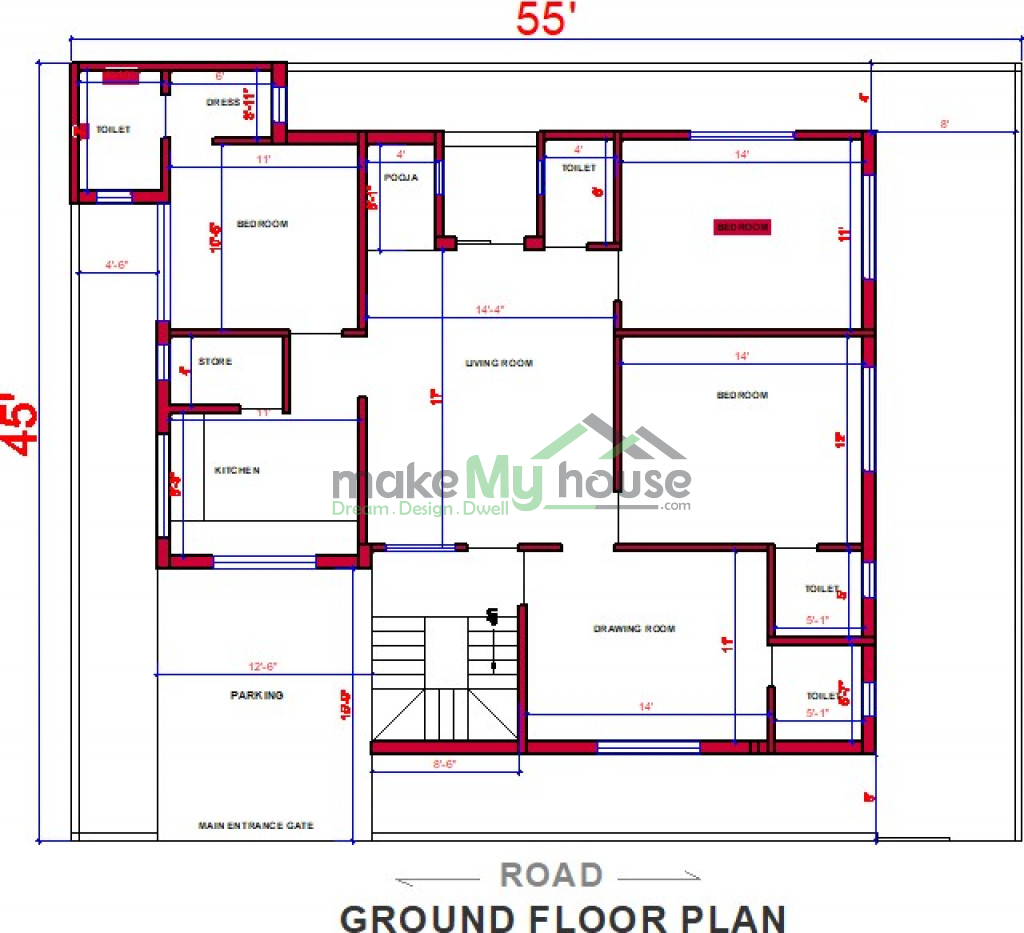 Buy 55x45 House Plan 55 By 45 Elevation Design Plot Area Naksha