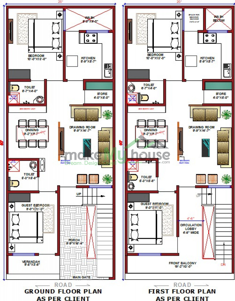 20x50 House Plans With 3 Bedrooms