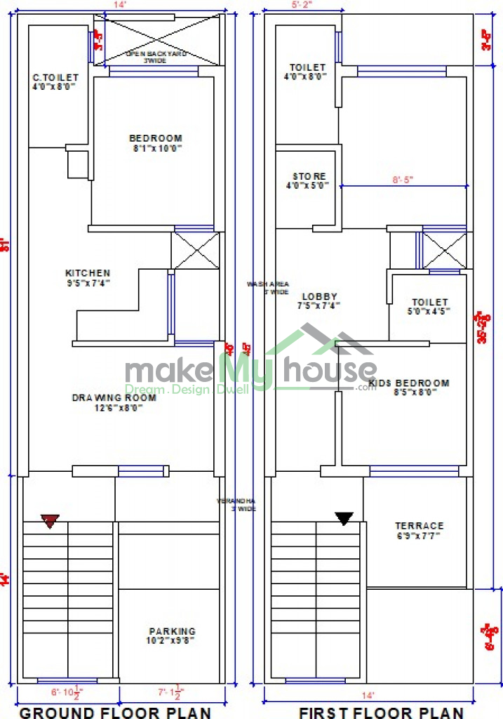 Buy 14x45 House Plan 14 by 45 Front Elevation Design 630Sqrft Home