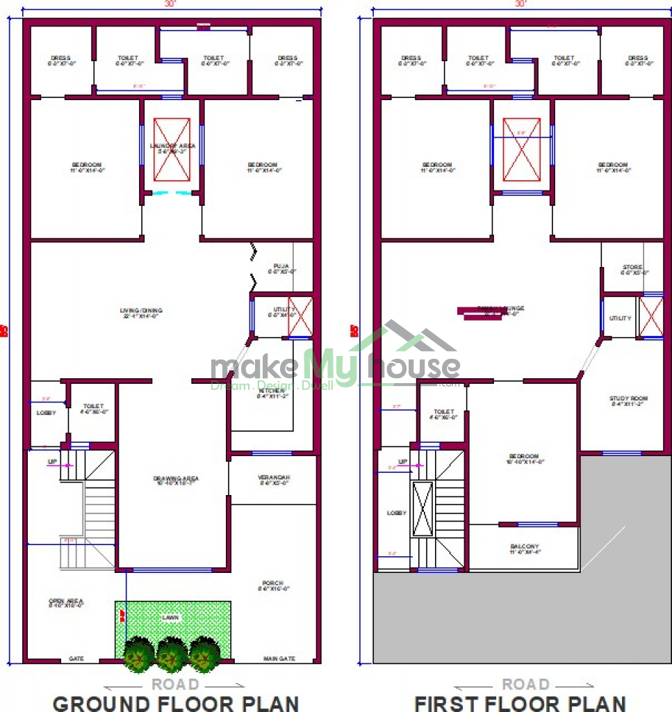 Buy 30x65 House Plan | 30 by 65 Elevation Design | Plot Area Naksha