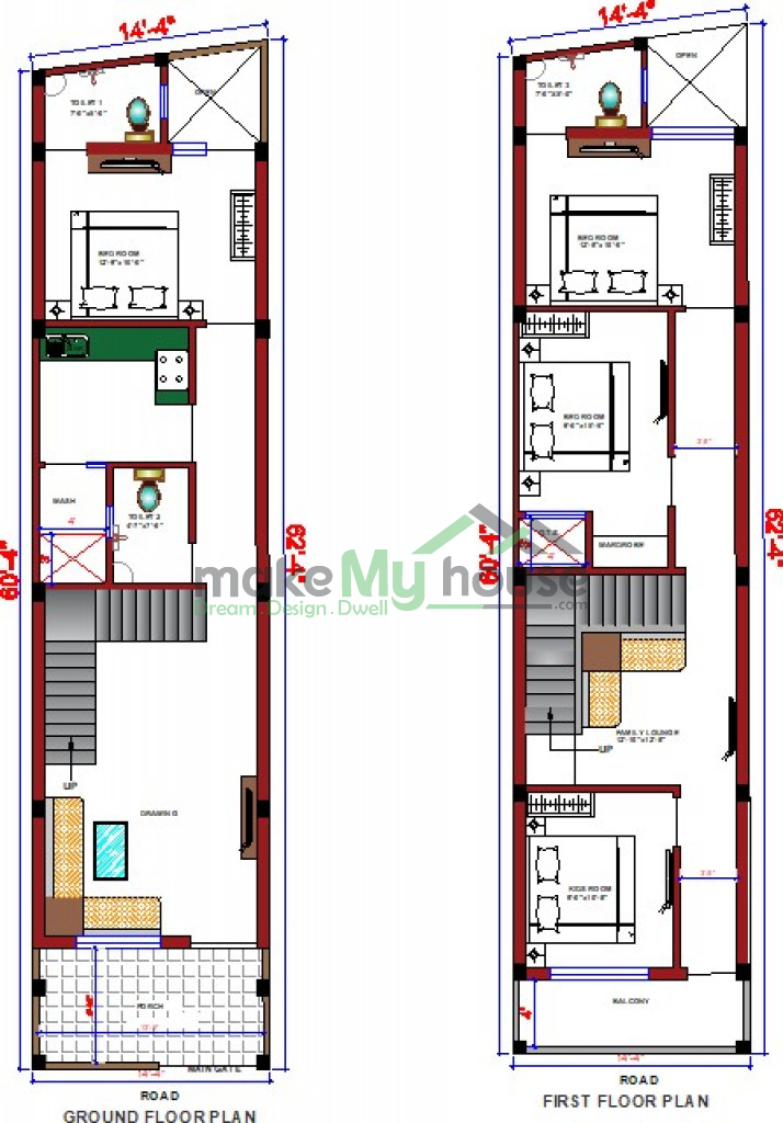 Buy 14x60 House Plan 14 By 60 Elevation Design Plot Area Naksha