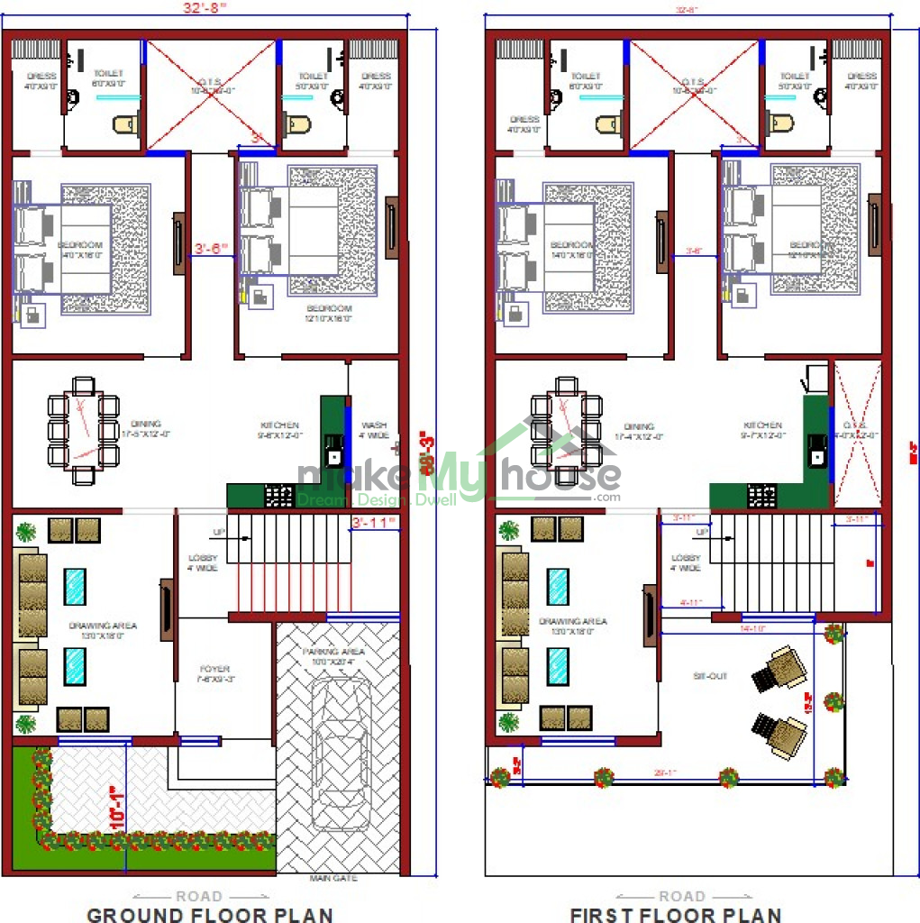 Buy 32x68 House Plan 32 By 68 Elevation Design Plot Area Naksha