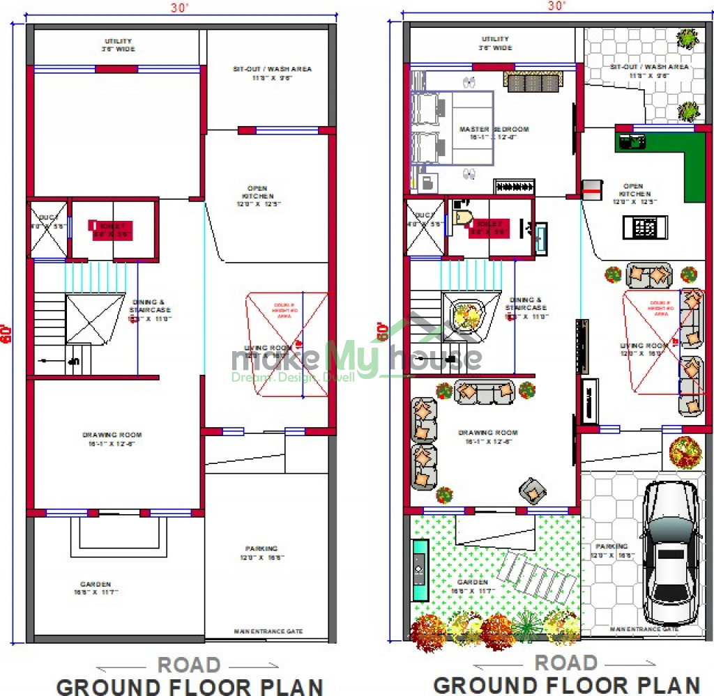 Buy 30x60 House Plan | 30 by 60 Elevation Design | Plot Area Naksha