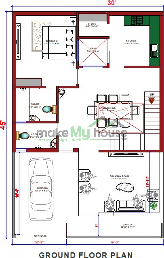 Buy 30x45 House Plan | 30 by 45 Elevation Design | Plot Area Naksha