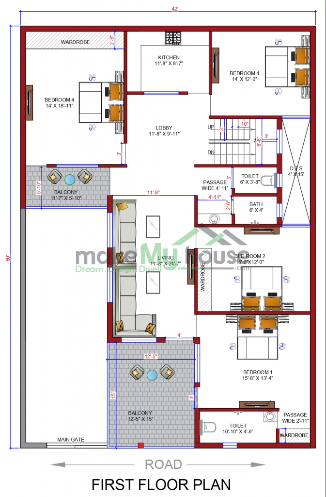 6 Bedroom 2 Storey House Plan 42x60