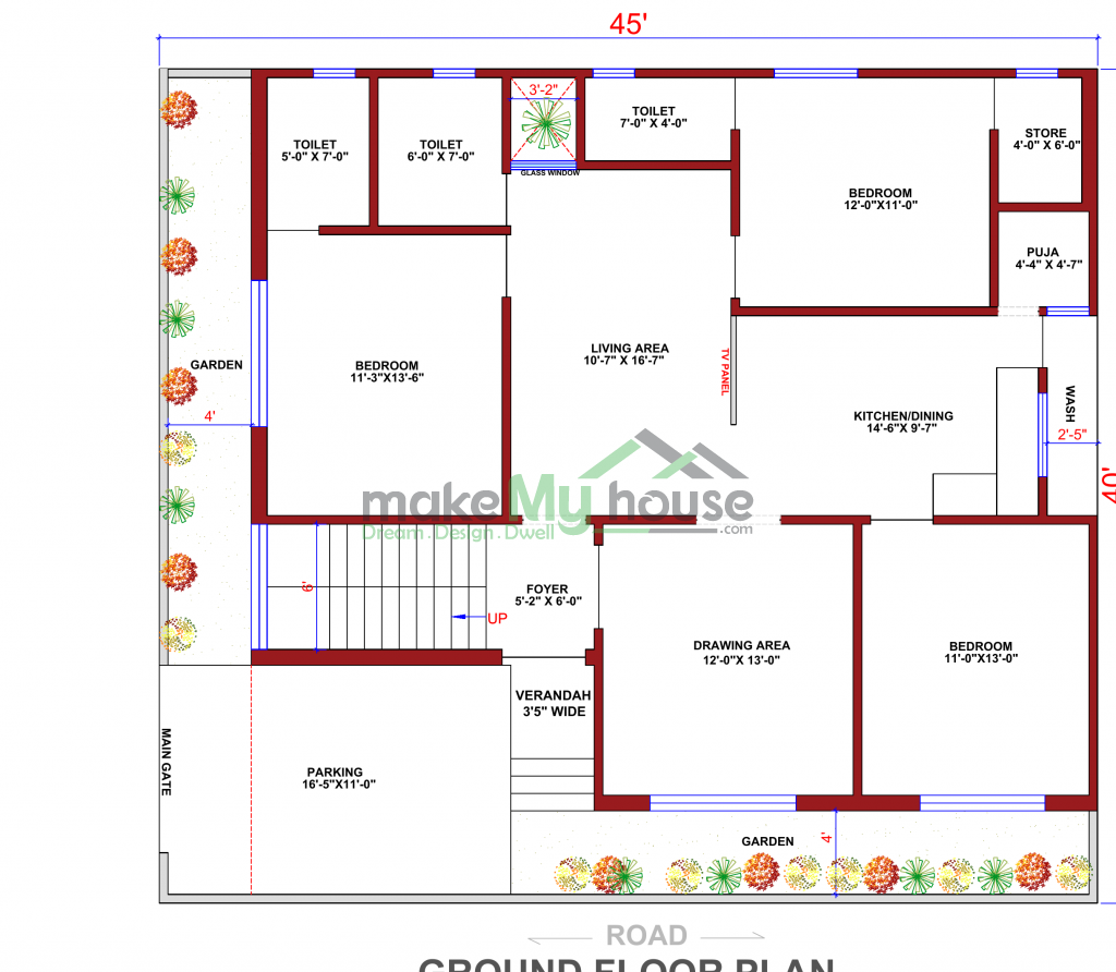 45x40 4 Bedroom House Design