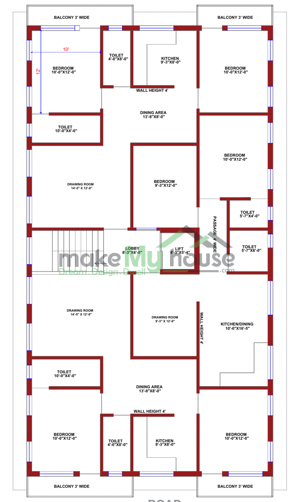 Triplex floor plan with ground parking 