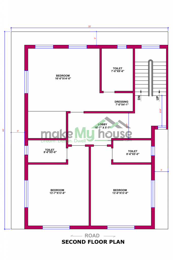 Triplex floor plan with ground parking 