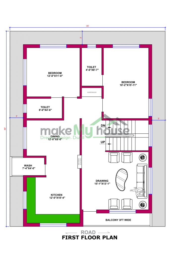 Triplex floor plan with ground parking 