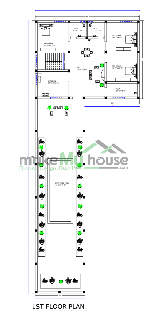 44x33 3 Bedroom House Design