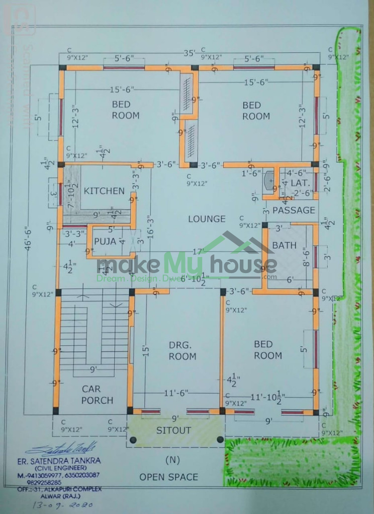 3 BHK House Plan | Best Floorplan Architectural Plan | Hire A Make My ...