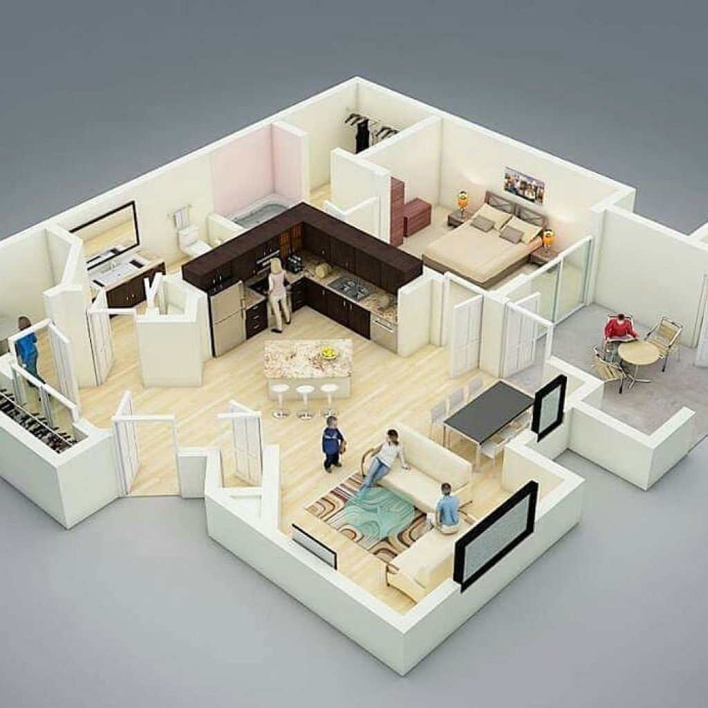1BHK House 3D Cut Section Design