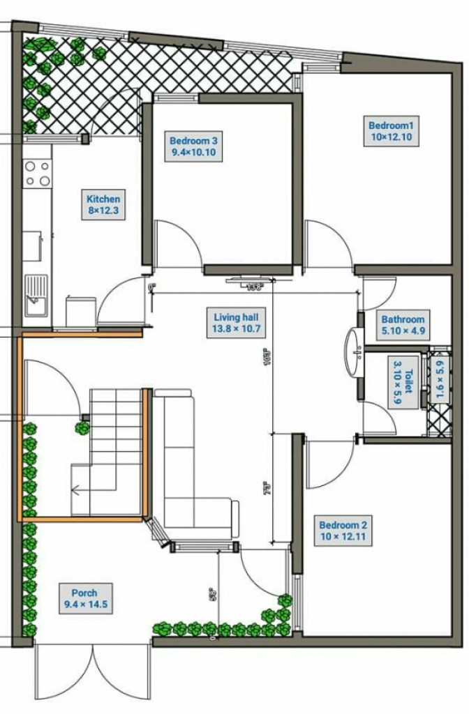 3BHK House Floor Plan