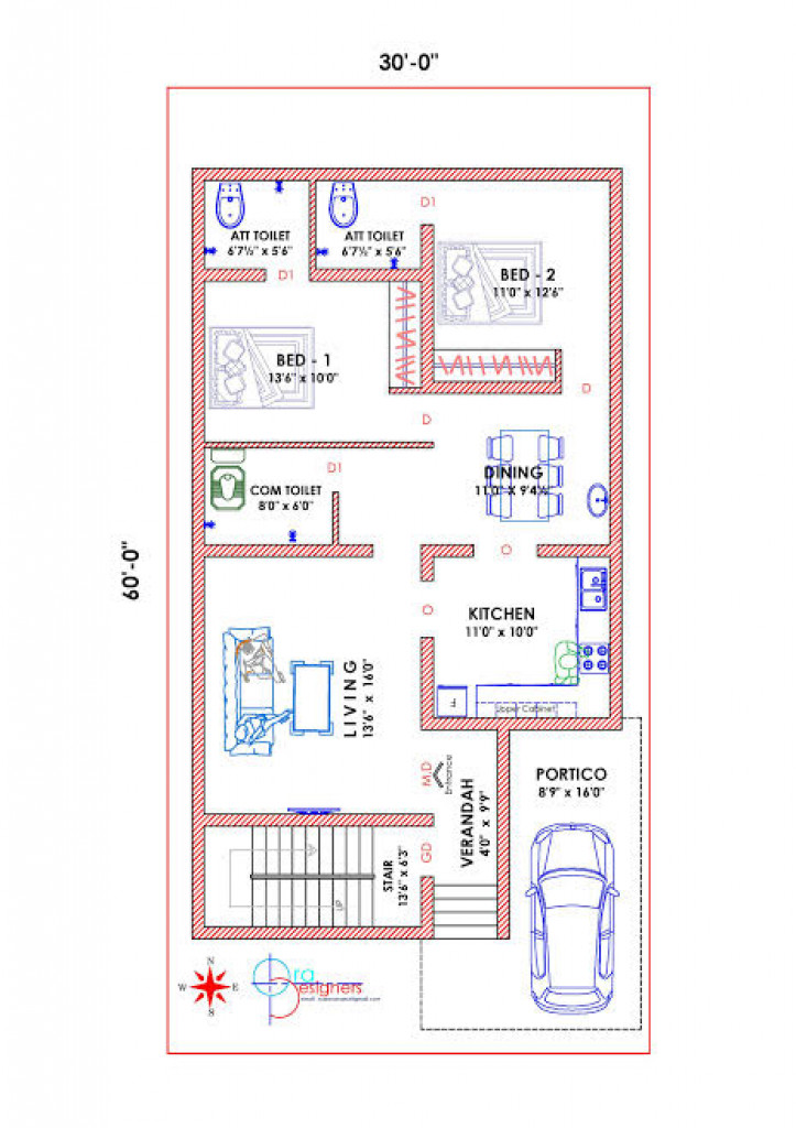 2BHK Residential Floor Plan Designs 