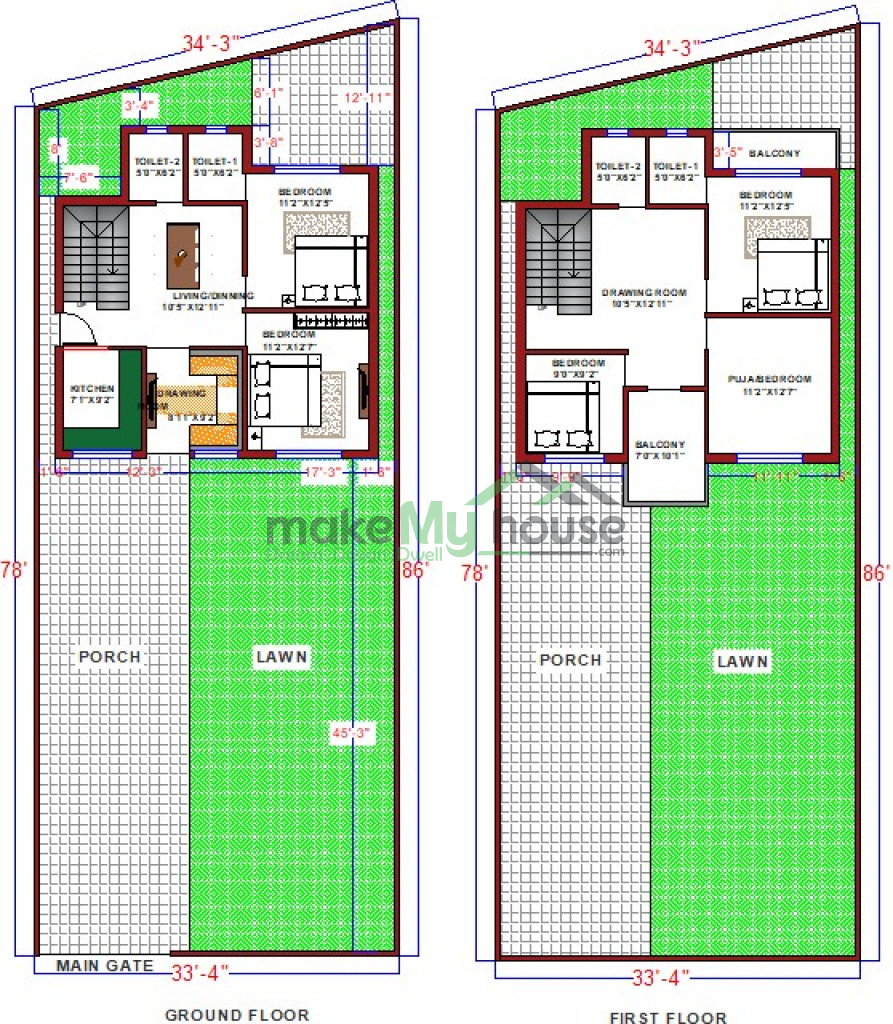Buy 78x34 House Plan 78 By 34 Elevation Design Plot Area Naksha