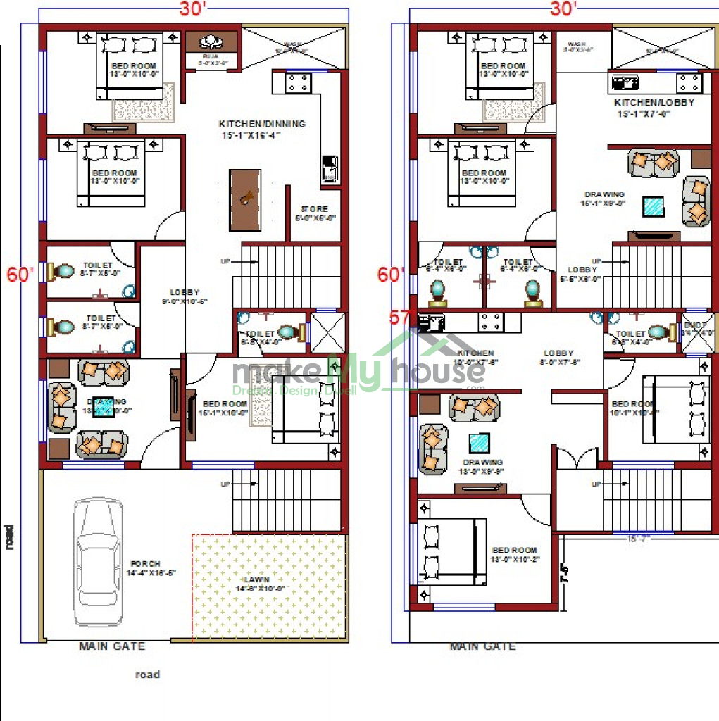 Buy 30x60 House Plan | 30 by 60 Elevation Design | Plot Area Naksha