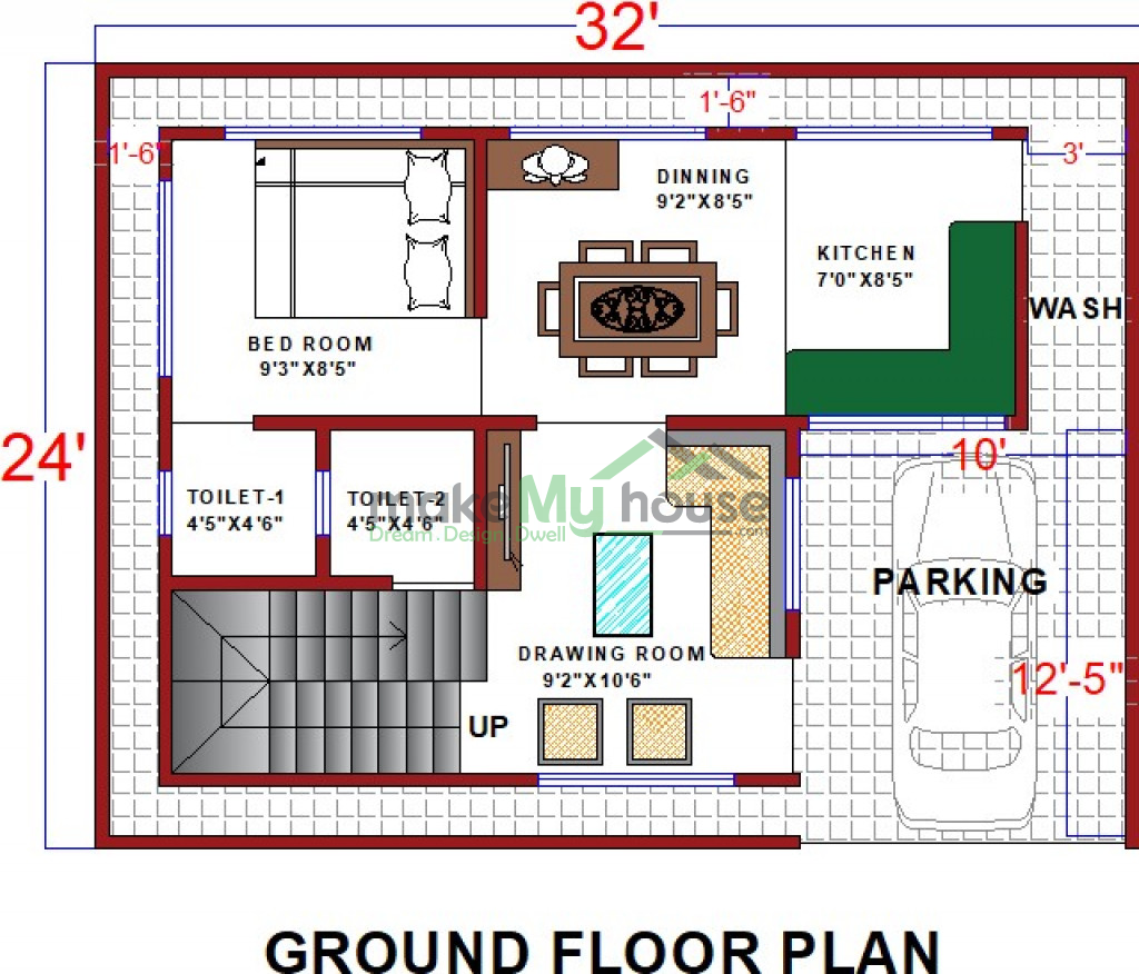 Buy 32x24 House Plan | 32 by 24 Elevation Design | Plot Area Naksha