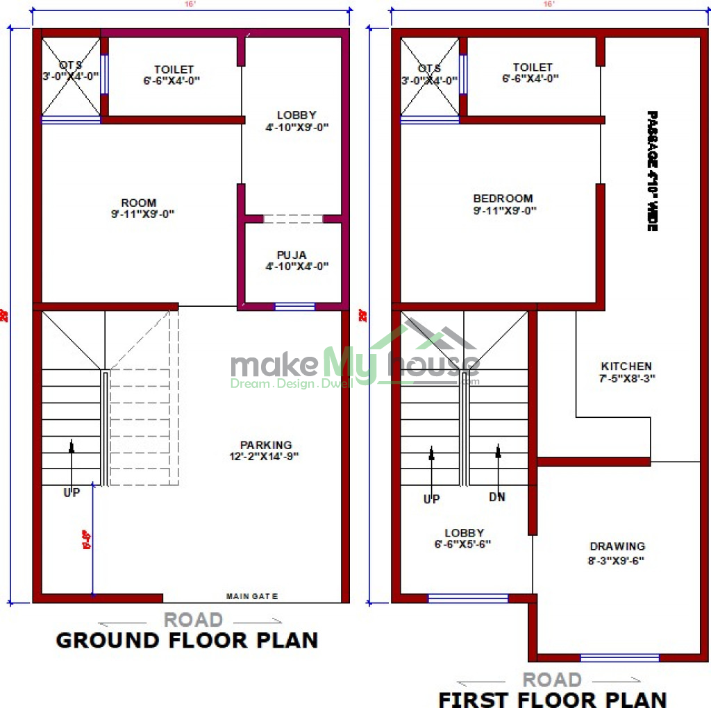 Buy 16x29 House Plan | 16 by 29 Elevation Design | Plot Area Naksha