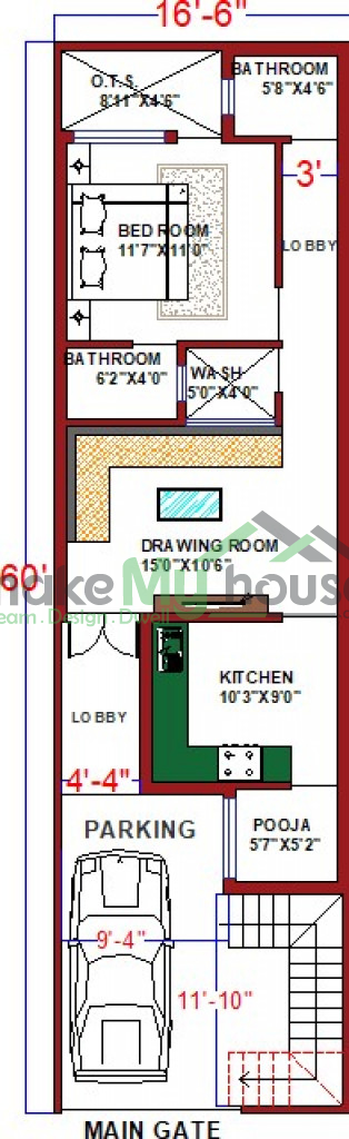 Buy 16x60 House Plan 16 By 60 Elevation Design Plot Area Naksha