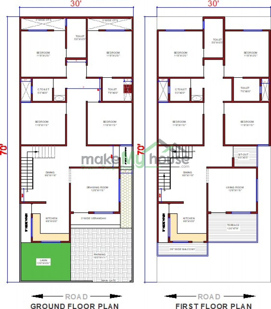 Buy 30x70 House Plan | 30 by 70 Elevation Design | Plot Area Naksha