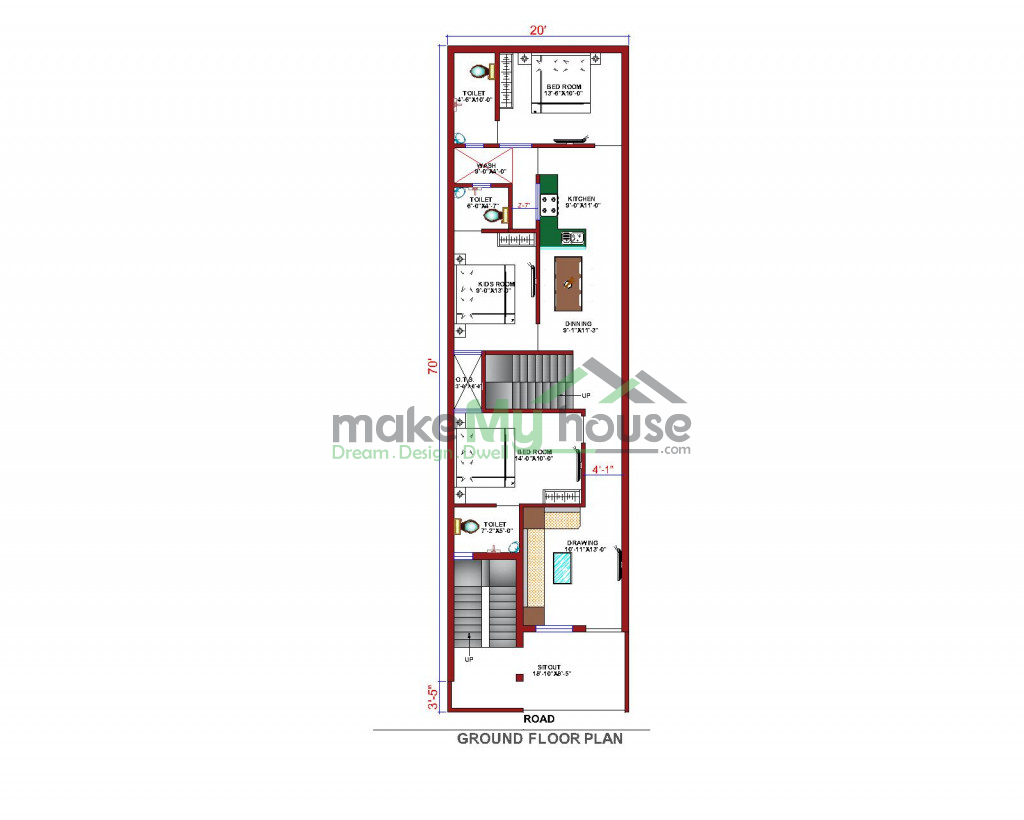 Buy 20x70 House Plan | 20 by 70 Elevation Design | Plot Area Naksha