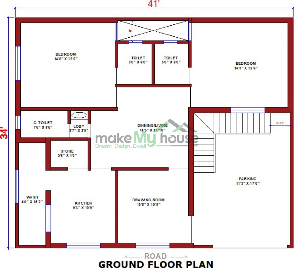 Buy 34x41 House Plan | 34 by 41 Elevation Design | Plot Area Naksha