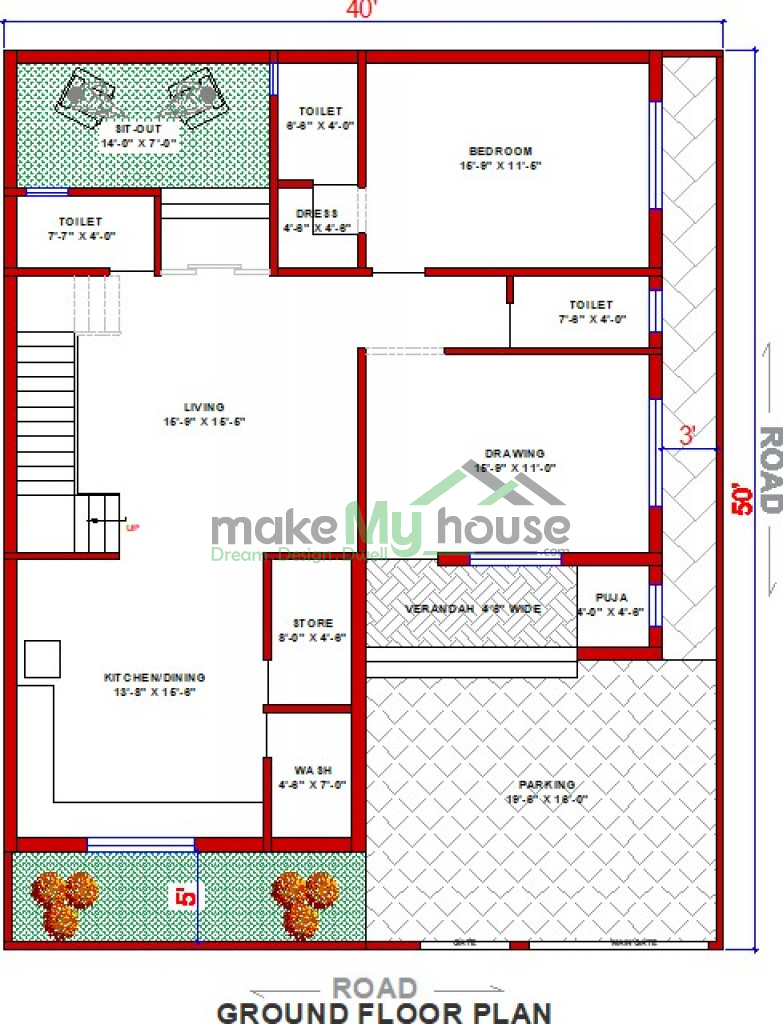 Buy 50x40 House Plan | 50 by 40 Elevation Design | Plot Area Naksha