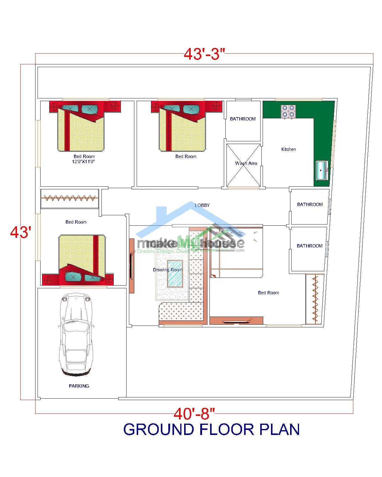 Buy 43x43 House Plan | 43 by 43 Elevation Design | Plot Area Naksha