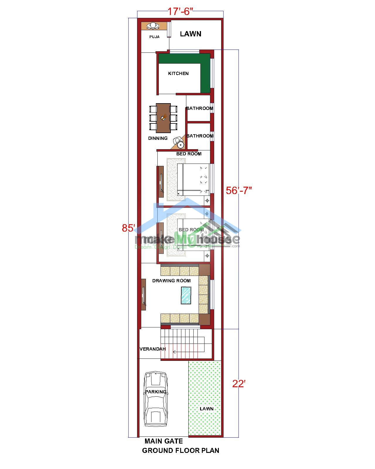 Buy 17x56 House Plan 17 By 56 Elevation Design 952sqrft Home Naksha