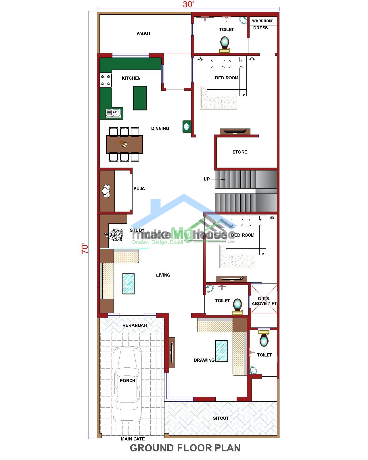 Buy 30x65 House Plan 30 By 65 Elevation Design Plot Area Naksha