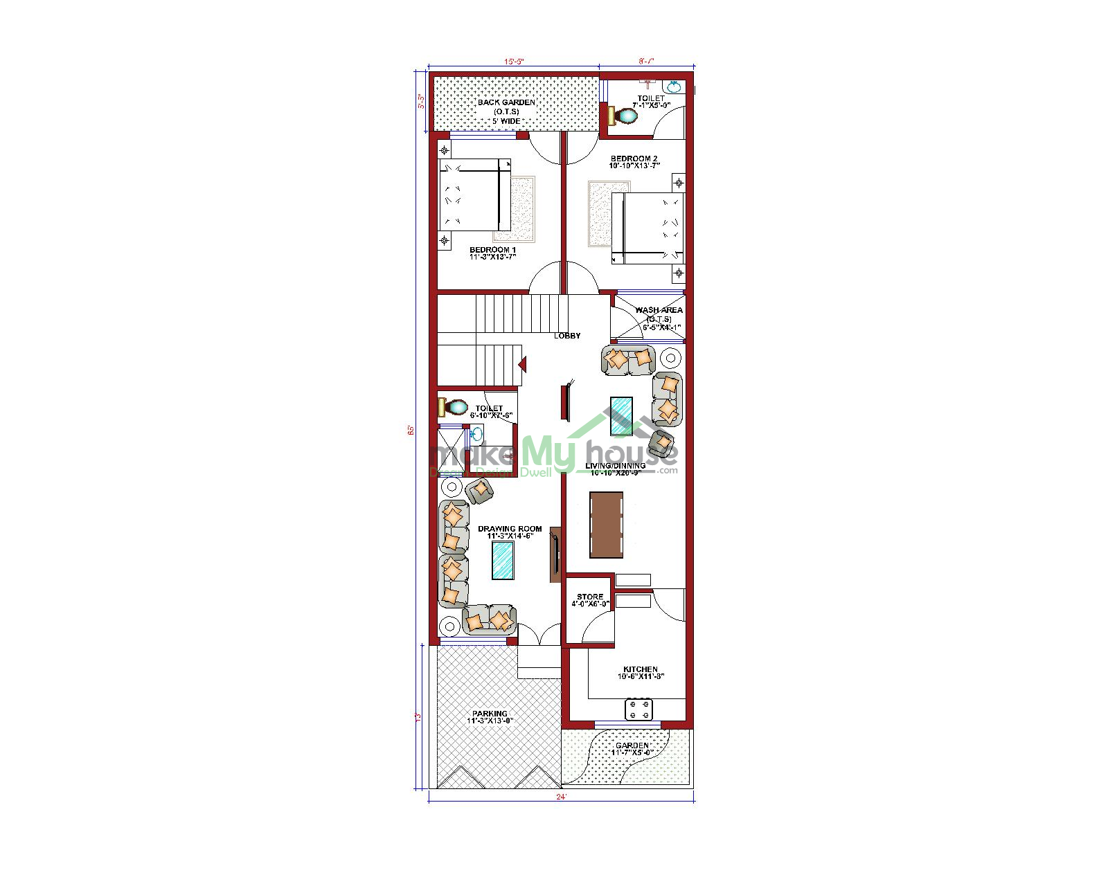 Buy 24x65 House Plan 24 By 65 Elevation Design Plot Area Naksha