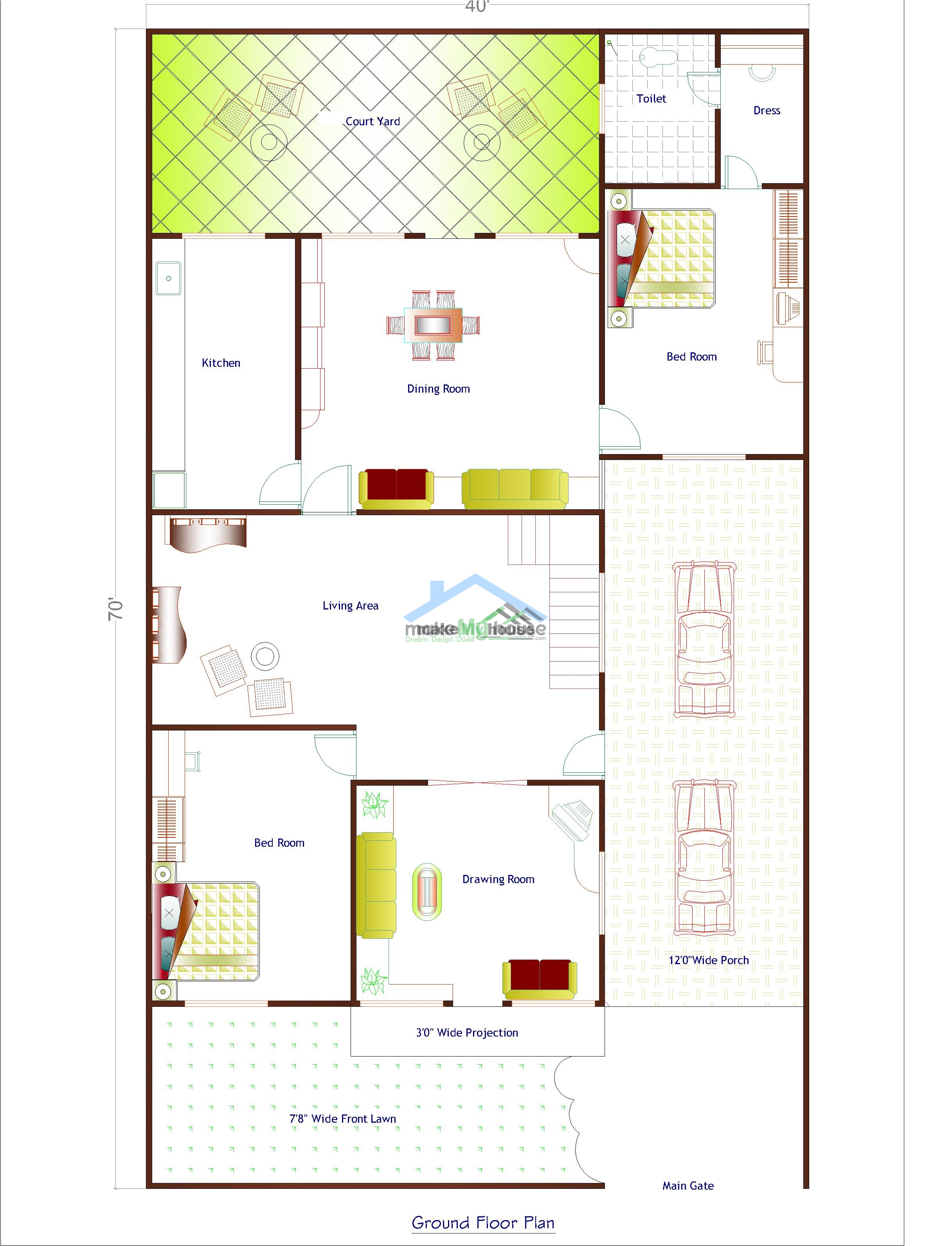 Buy 40x70 House Plan 40 By 70 Elevation Design Plot Area Naksha