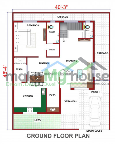 Buy 40x48 House Plan | 40 by 48 Elevation Design | Plot Area Naksha