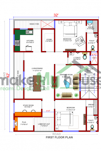 32*42 House plan, 1344 SqFt Floor Plan duplex Home Design- 32x42 ...