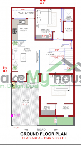 27*50 House plan, 1350 SqFt Floor Plan duplex Home Design- 10052