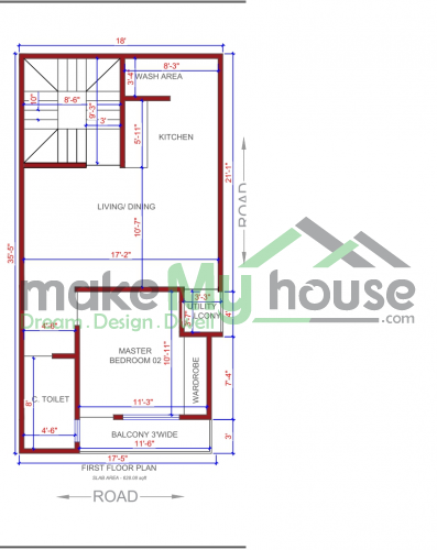 15*35 House plan, 525 SqFt Floor Plan triplex Home Design- 9935