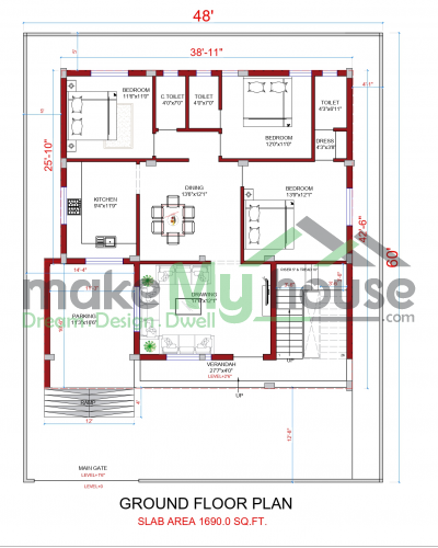 48*60 House plan, 2880 SqFt Floor Plan triplex Home Design- 48x60 ...