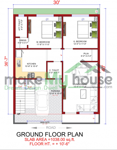 30*90 House plan, 2700 SqFt Floor Plan singlex Home Design- 10412