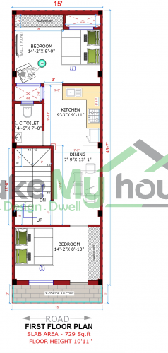 15*45 House plan, 675 SqFt Floor Plan duplex Home Design- 15x45-675sqft ...