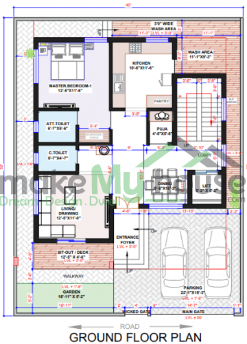 39*49 House plan, 1911 SqFt Floor Plan triplex Home Design- 11326