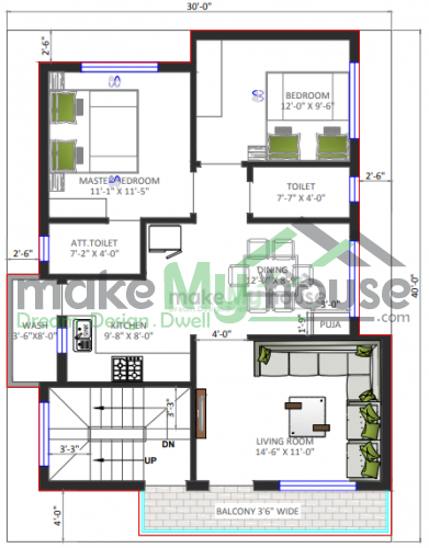 30*40 House plan, 1200 SqFt Floor Plan duplex Home Design- 11479