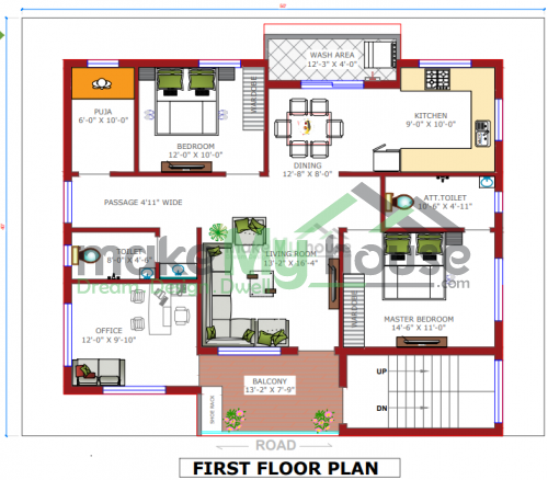 50*40 House plan, 2000 SqFt Floor Plan triplex Home Design- 11618