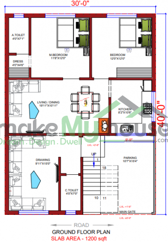 30*36 House plan, 1080 SqFt Floor Plan duplex Home Design- 11714