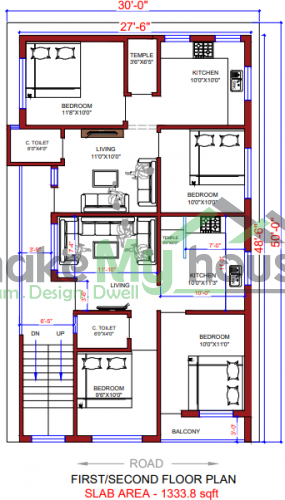 30*50 House plan, 1500 SqFt Floor Plan triplex Home Design- 11784