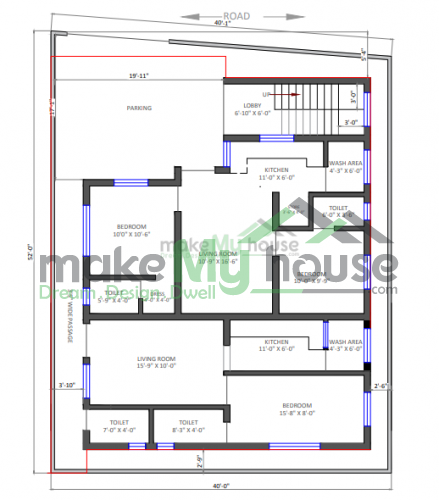 40*50 House plan, 2000 SqFt Floor Plan triplex Home Design- 11977