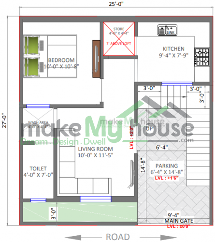 25*27 House plan, 675 SqFt Floor Plan duplex Home Design- 25x27-675sqft ...