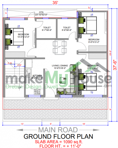 35*38 House plan, 1330 SqFt Floor Plan duplex Home Design- 12409