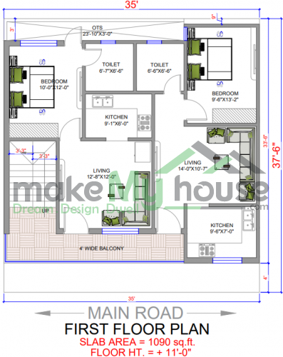 35*38 House plan, 1330 SqFt Floor Plan duplex Home Design- 12409